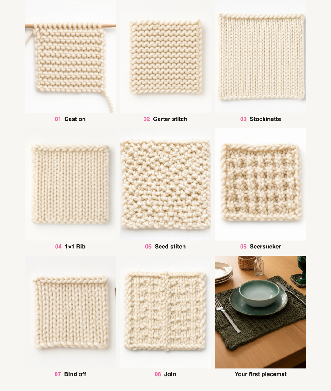 Placemat & Coaster - Beginner Sampler Kit - Learn The Basics Knitting Kit